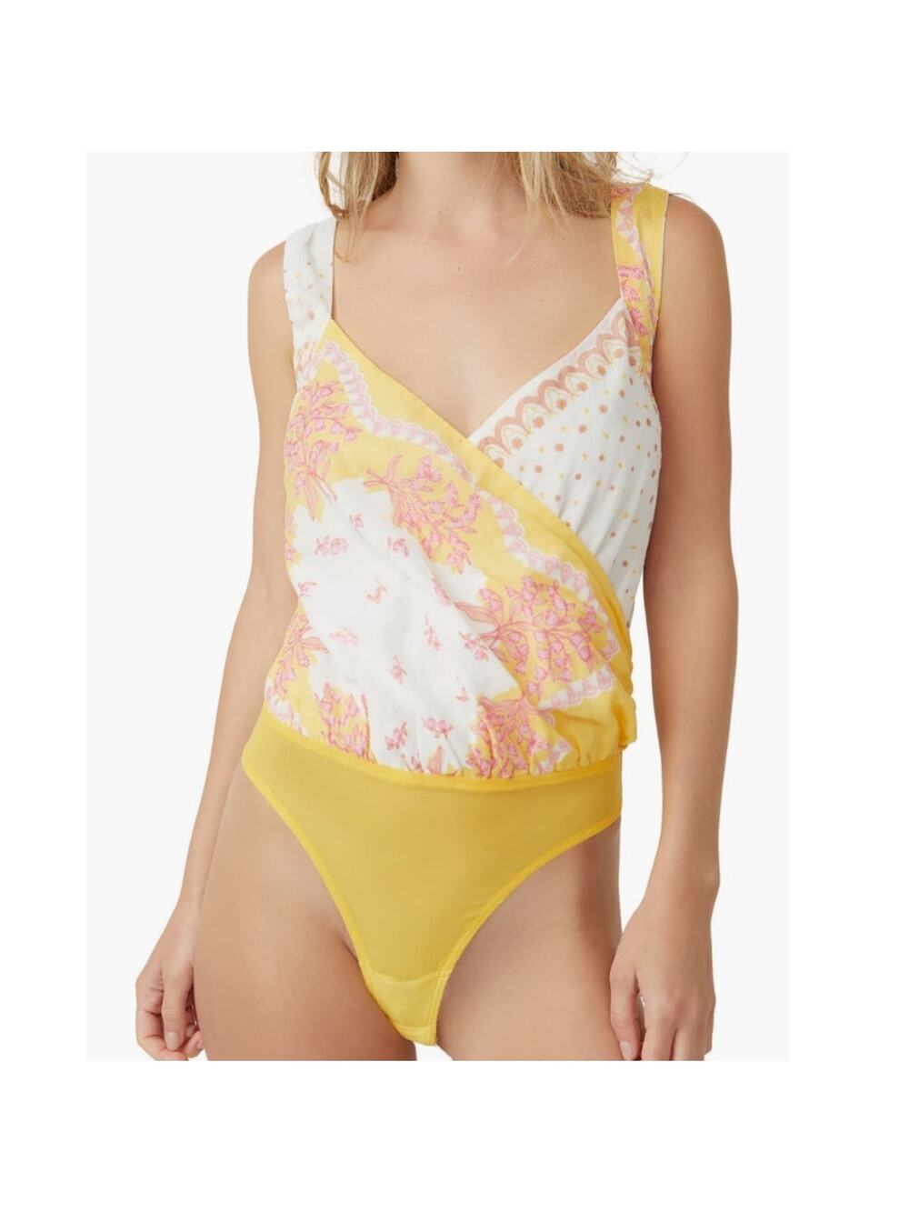 Free People Sweet Thing Mixed Print Cotton Bodysuit - Marigold Combo Size S